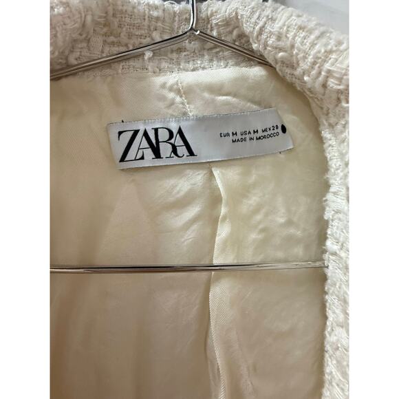 Zara Tweed Button Accent Collared Long Sleeve Cropped Blazer Jacket Ecrue Size M - Picture 6 of 7